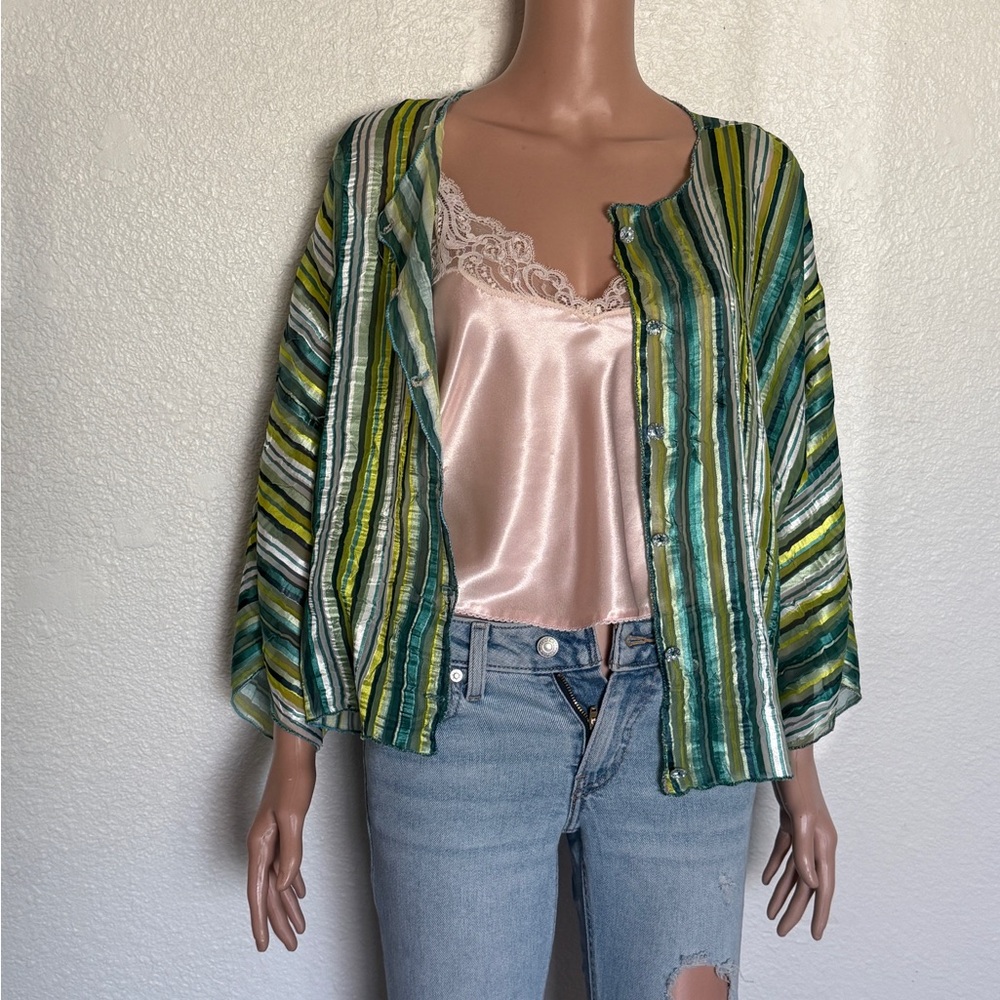 Striped Green Satin Button up Cardigan L